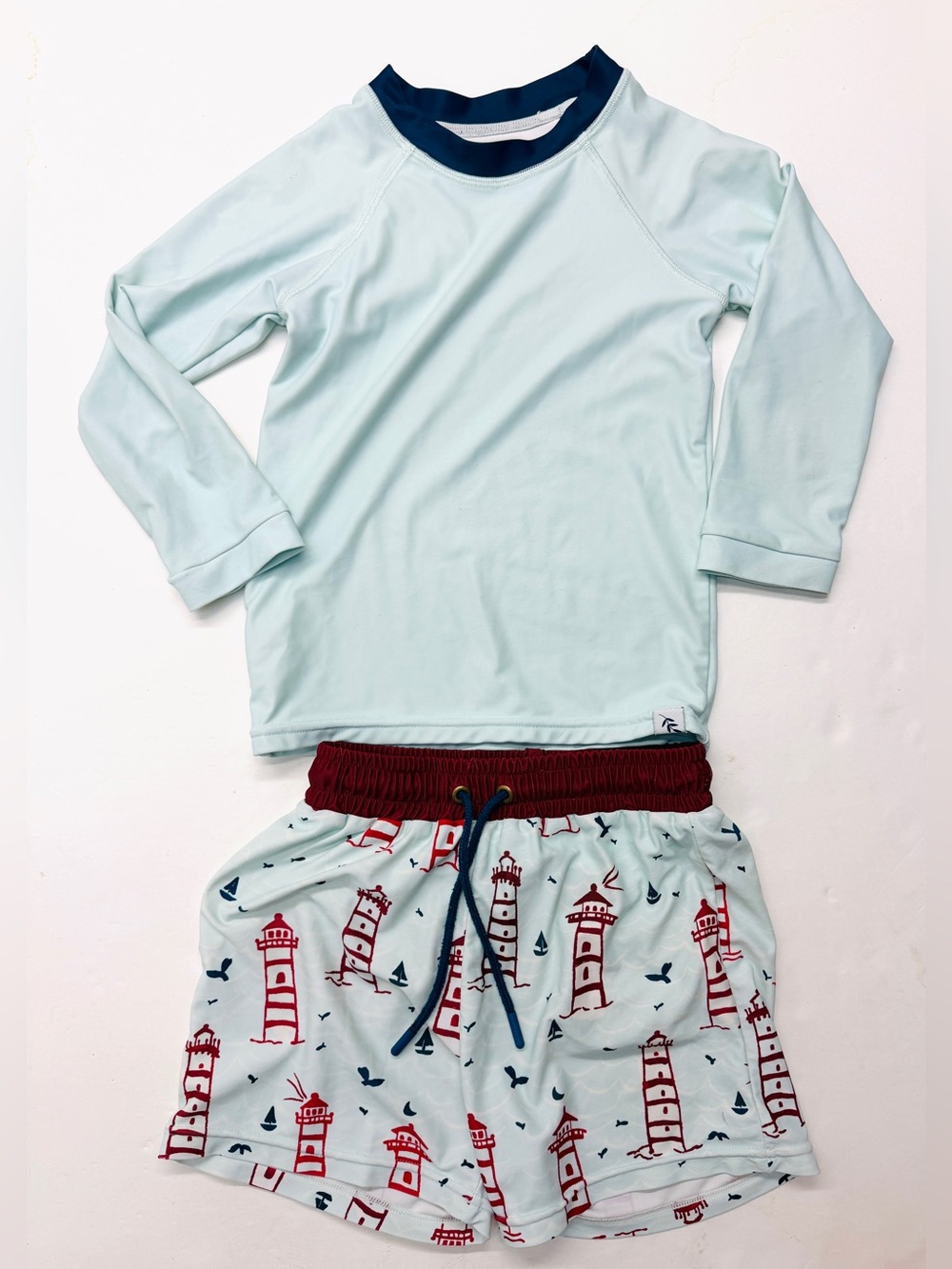 SweetHoney Boys Blue Rash Guard Set Lighthouse Print Shorts Trunks Swimsuit